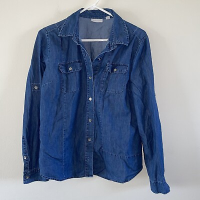 #ad New York amp; Company Denim Shirt Womens Size Large Blue Button Up Roll Tab $12.00