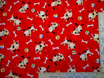 Quilt Fabric By Yard Cute Puppy Dog Dogs Bones Balls on Red Premium Cotton Vtg $9.99