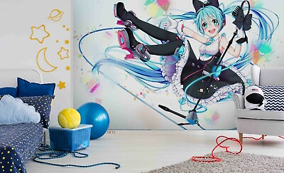 #ad 3D Anime Blue Hair Girl Self adhesive Removable Wallpaper Murals Wall AU $249.99