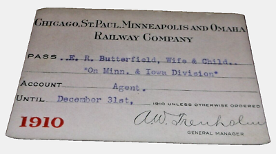 #ad 1910 CHICAGO ST. PAUL MINNEAPOLIS amp; OMAHA RAILWAY COMPANY EMPLOYEE PASS $60.00