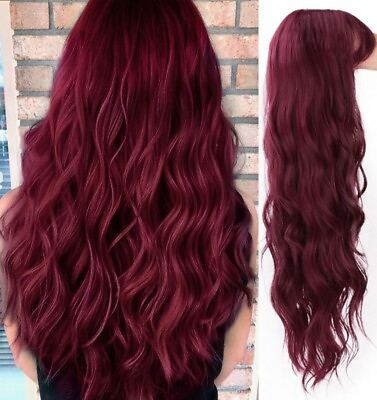#ad Dark wine red Synthetic Hair Long Wavy Natural Machine Wigs Women $17.99