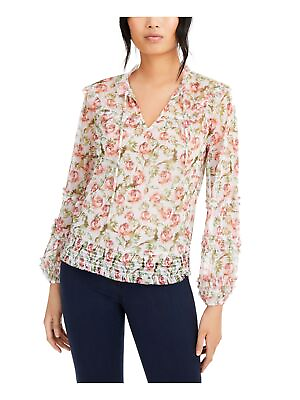 #ad INC Womens White Sheer Floral Long Sleeve V Neck Blouse Size: L $4.24