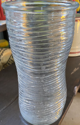 #ad Large Wavy Clear Glass Vase 9 3 4quot; Tall Horizontal Ribs Estate Find $2.00