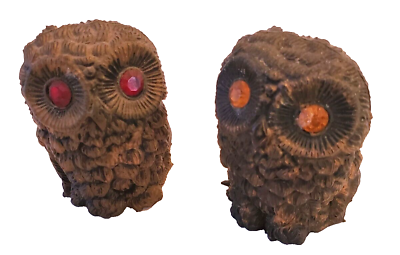 #ad VTG 1970s Pair of Retro Red Yellow Jewel Eyed Owl Resin Figurines Made in Italy $18.95