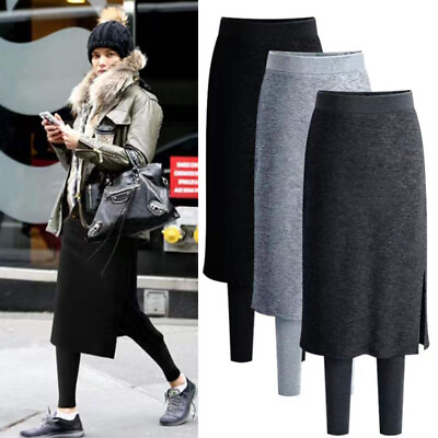 #ad Women Two Pieces Pencil Skirt With Fleece Long Bodycon Leggings Fake Skirt Pants $27.99