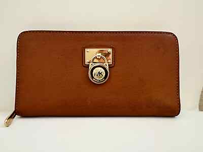 #ad Michael Kors Brown Leather Hamilton Gold Lock Large Zip Wallet $20.00
