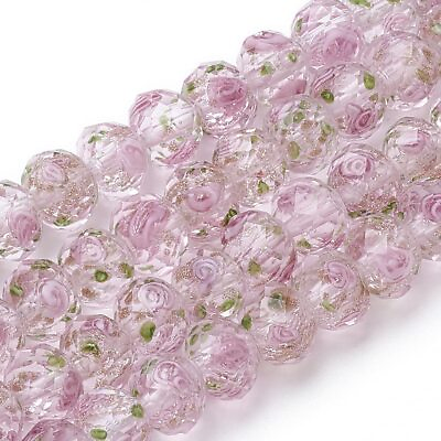 #ad 60pcs 8 10mm Pink Rose Lampwork Beads Gold Sand Glass Beads Flower Glass Bead... $24.01