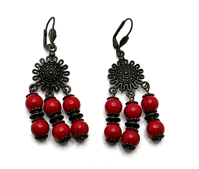 #ad Vtg Cherry Red Drop Dangle Earrings on Dark Copper Sun#x27;s Ethnic Boho Tribal Cute $15.33