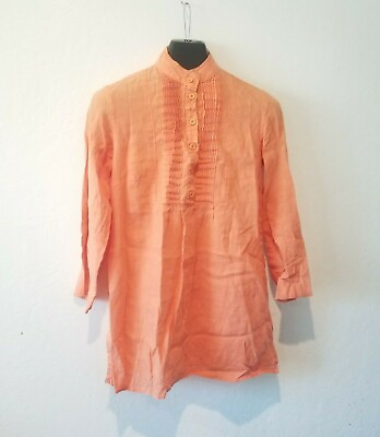 #ad J. Peterman Women#x27;s 3 4 Sleeves Tunic Top Pleated Placket Linen Orange Size XS $33.27