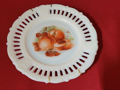 #ad Kemple Panel and Peg Fruit Decal Milk Glass Plate with Metal Hanger $8.50