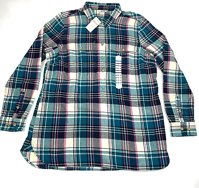 #ad Duluth Trading Co Free Swingin Flannel Tunic w Pockets Plaid Womens L Teal *NEW $27.28