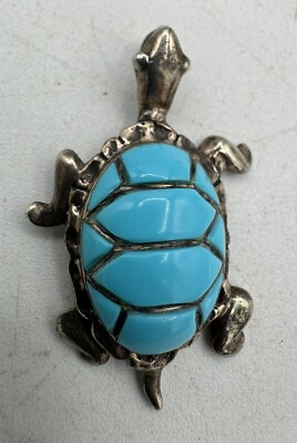 #ad Sterling silver 925 amp; Turquoise Turtle pendant 1.5” Long 10 stones $34.99
