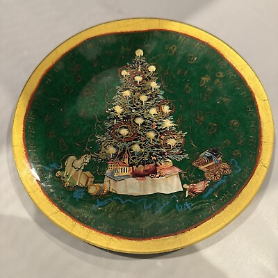 #ad S. Ward Christmas Tree Hand painted Green Glass Round Platter Holiday Plate $34.99