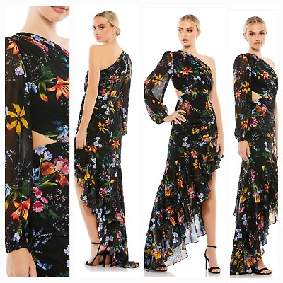 #ad New MAC DUGGAL 55668 Black Floral One Sleeve Asymmetrical Chiffon Gown 10 $398 $174.99