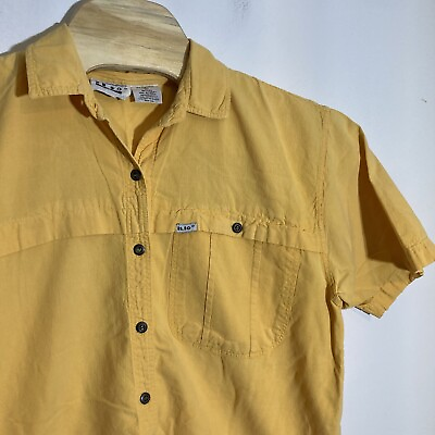 #ad Vintage Ilio Womens Large Cotton Yellow Button Up Short Sleeve Shirt Hiking Camp $16.99