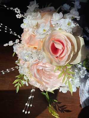 #ad bouquet wedding bride artificial silk pink roses and white pearls $16.99