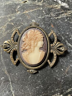 #ad Vintage Signed SWEET ROMANCE USA Porcelain Cameo amp; Rhinestone Pin Brooch 2 3 4quot; $28.50
