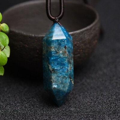#ad Natural Apatite Stone Pendant Natural Blue Crystal Point Charm Necklace Amulet $13.50