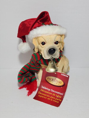 #ad 8 Inch Puppy Dog w Scarf Santa Hat amp; Bell Christmas Tabletop Welcome Statue $49.95