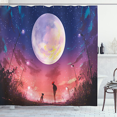 #ad Fantasy Shower Curtain Dog under Huge Moon Print for Bathroom $41.99