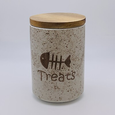 #ad #ad Pet Treat Jar Cat Dog Treats Jar Ceramic with Wood Lid 6 Inches New Open Box $22.94