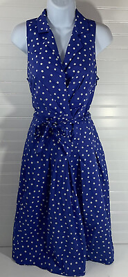 #ad Black Label Maxi Dress Blue White Polka Dots Sleeveless Sz 8 Collar V Neck $23.99