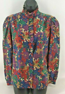 #ad Vintage Pykettes Multi Color High Neck Long Sleeve Blouse Size S M $19.99