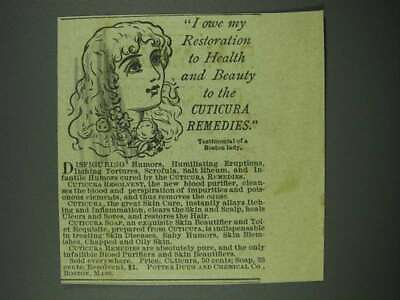 #ad 1884 Cuticura Resolvent and Soap Ad I owe my Restoration To Health $19.99