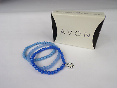 #ad Vintage Avon quot;Charming Flowerquot; Classic Beaded Stretch Bracelet Blue Original Box $14.95