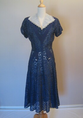 #ad Vintage 1940s 50s Blue Rosemont Lace Dress $29.99