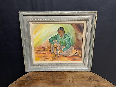 #ad Native American painter Artcher signed portrait of a man holding a pipe $89.99