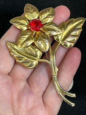 #ad Flower Red Rhinestones 1930s Vintage Gold Brooch Pin M 5769 $29.99