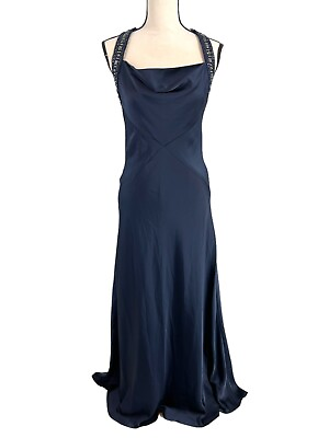 #ad BCBG Dress Maxi Formal Long SZ 4 Satin Navy Blue Jeweled Cross back $19.96