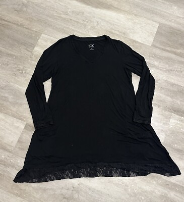 #ad Lori Goldstein LOGO Black Pockets Stretchy Tunic Top With Lace Sz M $12.92