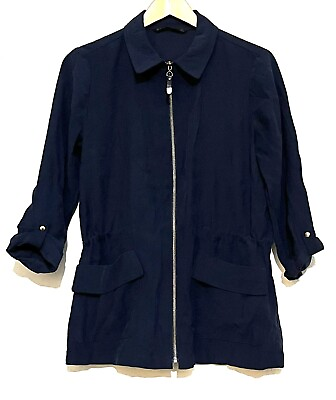 #ad Zara Basic Navy Drawstring Collar Zipped Jacket with Cinched Drawstring Size M GBP 18.00