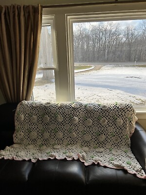 #ad white vtg Crochet Handmade Afghan Granny Square Throw Blanket Rosanne 76x60 $25.00