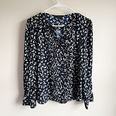 #ad Ann Taylor Navy Leaf Pintuck Popover Long Sleeve Career Blouse Small Petite $17.49