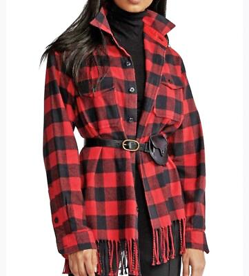 #ad Polo Ralph Lauren Womens Plaid Flannel Shirt Jacket XXL Fringe Hem Red Black NEW $89.98