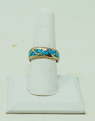 #ad Vintage Indigenous Style Crushed Turquoise Inlay Silver Band Ring Size 7.50 $23.99