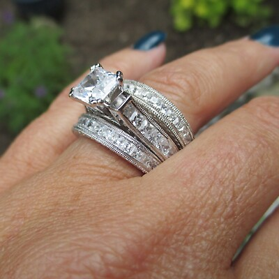 #ad 14k White Gold Sterling Princess Diamond cut Engagement Ring Wedding Set NEW $99.00
