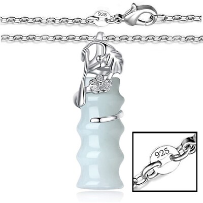 #ad 925 Sterling Silver Chain Necklace With Flower Design Jade Pendant Column D885 $25.95