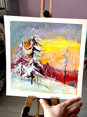 #ad Original Oil Painting Tree Morden Artwork Landscape Painting Winter Textured 3d $115.00