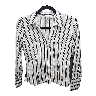 #ad SO Womens Sz M White Black Striped Long Sleeve Button Down Blouse $7.99