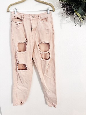 #ad Hey Babe Pink Distressed Mom Jeans High Rise Size Medium Light Wash Trendy $22.00