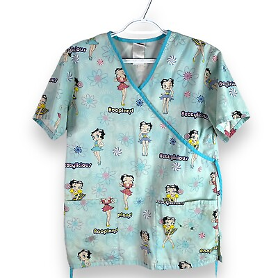 #ad Vintage Betty Boop Graphic Nurse Scrub Top Shirt Womens XS Blue READ $5.60