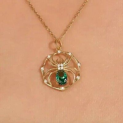#ad 2CT Oval Simulated Emerald Spider Women Pendant Chain 14K Yellow Gold Plated $139.99