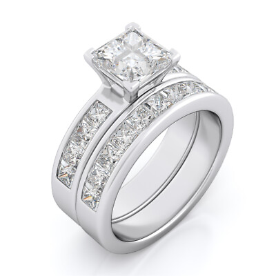 #ad 14k White Gold Sterling Princess Diamond cut Engagement Ring Wedding Set NEW $69.99