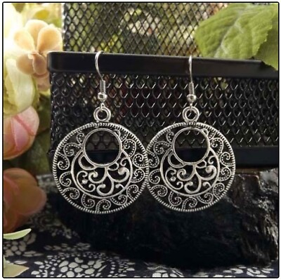 #ad Vintage Bohemian Tibetan Silver Round Hollow Dangle Drop Earrings Women#x27;s Gift $27.95