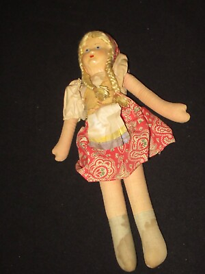 #ad Vintage Cloth Doll w Braids Painted Face C142 $8.99