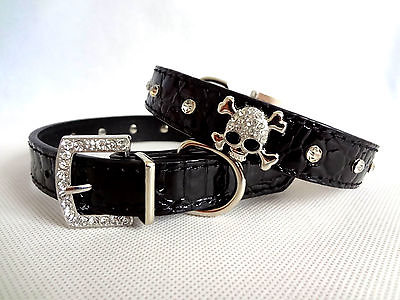 #ad Rhinestone Crystal Skull Dog Cat Puppy Collar PU Leather Diamante Pet Collar $6.00